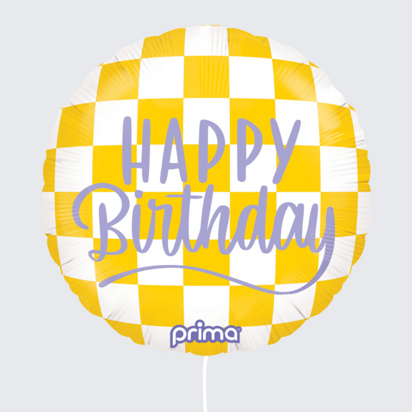 18" Happy Birthday Yellow Checker STANDARD FOIL BALLOON