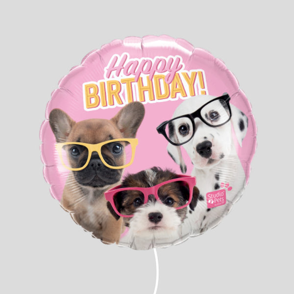 18" Puppies In Glasses Happy Birthday Standard Foil Balloon