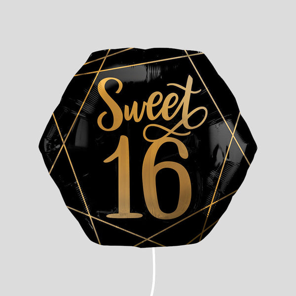 23"'Sweet 16' Black and Gold Hexagon Standard Foil Balloon