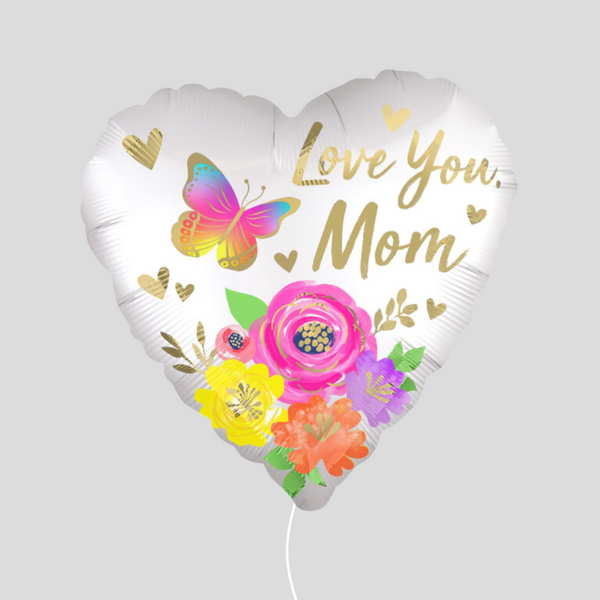 18" 'Love You Mom' Heart Foil Helium Satin Floral Bouquet