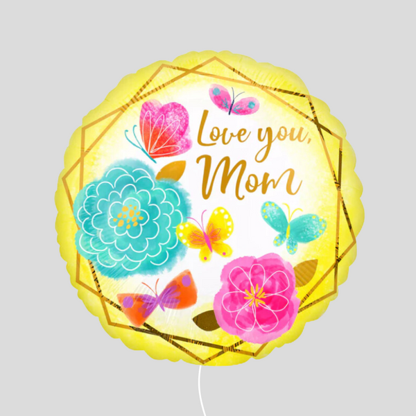 17" Round Gold Trim Foil 'Love You Mom' Helium Bouquet